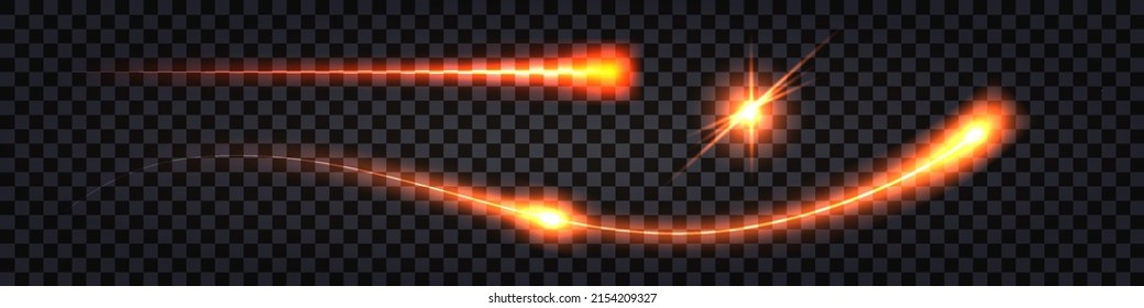 Fire Glowing Trail, Laser Beam, Shiny Neon Light Effect. Electric Thunder Bolt, Red Glowing Ray Lines Isolated On Dark Transparent Background. Vector Illustration