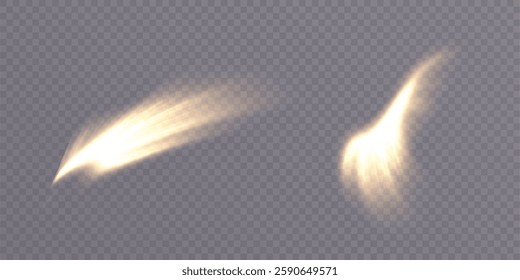 Fire golden flowing stream, isolated on transparent background. Bright light effect of light, sparks, glare.