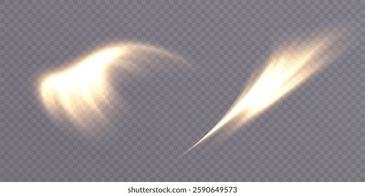 Fire golden flowing stream, isolated on transparent background. Bright light effect of light, sparks, glare.