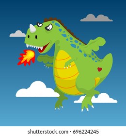 Fire Green Dragon flying in the sky. Cute cartoon vector style.