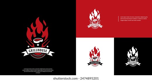 fire and grill logo, barbecue, with retro style, logo design template.