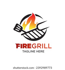 Plantilla de diseño del logotipo de la parrilla contra incendios. Logo Del Restaurante Barbacoa Con Grill Caliente.