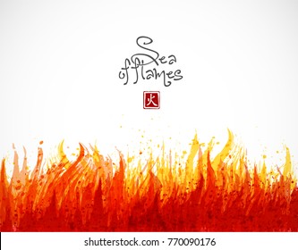 Fire grunge splash with place for your text on white background. Vector illustration. Hieroglyph - fire.