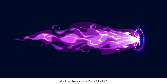 Fire gun game effect of laser energy trail or flame clot for comic VFX, cartoon vector. Fire gun trail of purple blast of lightning flare or light spark and laser gun bullet beam of magic energy shot