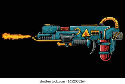 Fire Gun Illustration. Shot ray. Machine gun cartoon. Alien Weapon design for sticker, poster or tshirt design