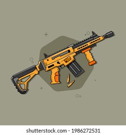 Feuerwaffen, Vektorgrafik. Cute Cartoon-Feuerwaffenillustration mit Kugeln Ornament. Gut für Gamer-Logo, Gamer-Symbol, Gamer-Aufkleber, Gamer-Hintergrundverzierungen. 