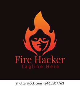 Fire Hacker Logo, Elegantes Logo mit geheimnisvollem Charakter mit Kapuze und Feuer