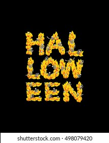 Fire Halloween letters. Skeletons in hell. Sinners in inferno. Satanic symbol. hellish thick
