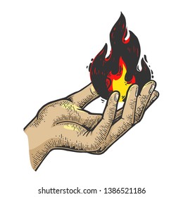 Fire in hand color sketch engraving vector illustration. Scratch board style imitation. Black and white hand drawn image.