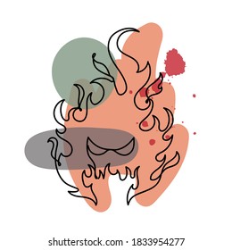 Feuer in einem handgezeichneten linearen Stil mit bunten abstrakten Flecken. Einzeln auf Weiß. Vektorgrafik.