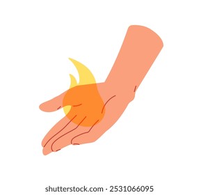 Fire in hand. Giving, holding heat, warmth, burning flame, hot fireball. Magic power, mystery energy, witchcraft, esoteric concept. Supernatural flat vector illustration isolated on white background