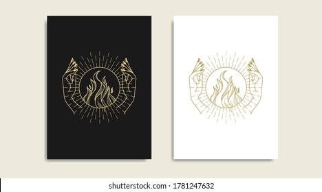 Fire And Hand Gold Logo, Spiritual Guidance Tarot Reader Colorful Design. Illustration And Tatoo