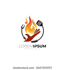 logotipo fogo e mão, logotipo de comida em um restaurante grelhado, logotipos de cutelaria