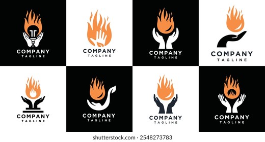 fire hand vector logo design images collection. hand logo set icon with fire	
