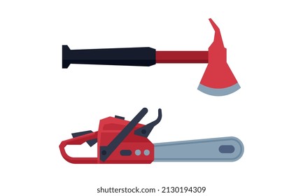 Fire Hatchet And Saw As Firefighting Equipment Vector Set