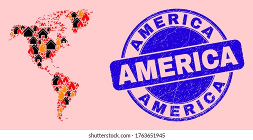 Fire hazard and buildings composition South and North America map and America scratched seal. Vector mosaic South and North America map is composed from scattered burning towns.