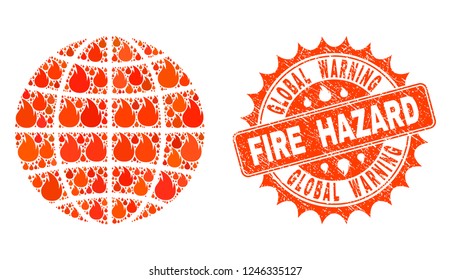 Fire hazard collage of globe burning and scratched stamp. Globe vector collage designed for fire insurance posters. Mosaic globe constructed with colorful flame items.