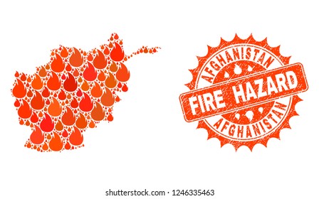 Fire hazard collage of map of Afghanistan burning and unclean seal. Map of Afghanistan vector collage designed for fire insurance purposes.