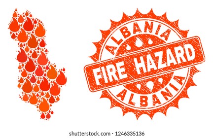 Fire hazard collage of map of Albania burning and rubber seal. Map of Albania vector collage created for fire insurance posters. Mosaic map of Albania designed with orange flame items.