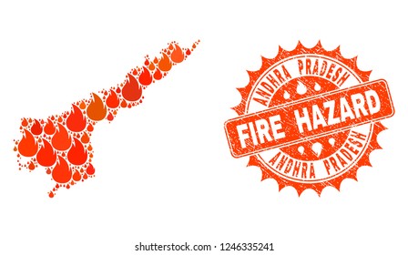 Fire hazard collage of map of Andhra Pradesh State burning and corroded stamp. Map of Andhra Pradesh State vector collage designed for fire insurance templates.