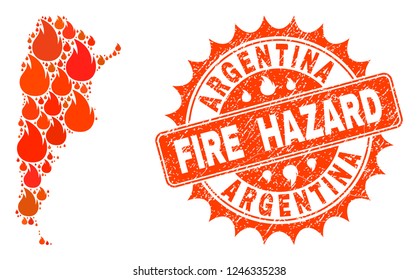 Fire hazard collage of map of Argentina burning and unclean stamp. Map of Argentina vector collage designed for fire insurance templates. Mosaic map of Argentina designed with colorful flame items.