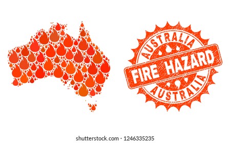 Fire hazard collage of map of Australia burning and corroded stamp. Map of Australia vector collage composed for fire insurance illustrations.