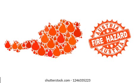 Fire hazard collage of map of Austria burning and grunge seal. Map of Austria vector collage designed for fire insurance illustrations. Mosaic map of Austria designed with bright flame items.
