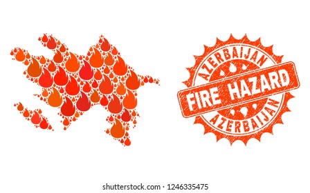 Fire hazard collage of map of Azerbaijan burning and grunge seal. Map of Azerbaijan vector collage designed for fire insurance posters. Mosaic map of Azerbaijan designed with orange flame items.