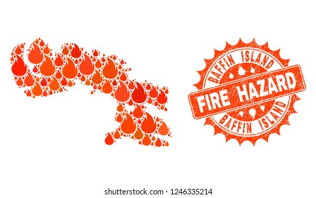Fire hazard collage of map of Baffin Island burning and unclean stamp seal. Map of Baffin Island vector collage designed for fire insurance posters.