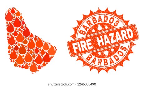 Fire hazard collage of map of Barbados burning and unclean seal. Map of Barbados vector collage designed for fire insurance templates. Mosaic map of Barbados designed with bright flame items.