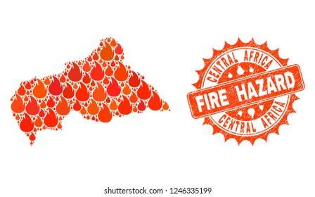 Fire hazard collage of map of Central African Republic burning and dirty stamp. Map of Central African Republic vector collage composed for fire insurance purposes.