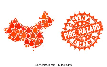 Fire hazard collage of map of China burning and dirty stamp. Map of China vector collage composed for fire insurance posters. Mosaic map of China designed with colored flame items.