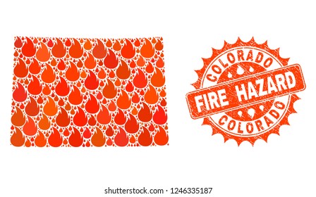 Fire hazard collage of map of Colorado State burning and rubber seal. Map of Colorado State vector collage designed for fire insurance templates.