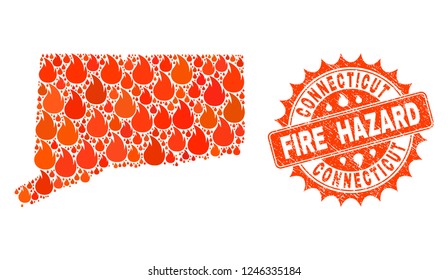 Fire hazard collage of map of Connecticut State burning and rubber stamp seal. Map of Connecticut State vector collage composed for fire insurance illustrations.