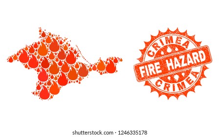 Fire hazard collage of map of Crimea burning and grunge stamp seal. Map of Crimea vector collage formed for fire insurance illustrations. Mosaic map of Crimea constructed with bright flame items.