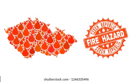 Fire hazard collage of map of Czech Republic burning and textured stamp seal. Map of Czech Republic vector collage created for fire insurance templates.