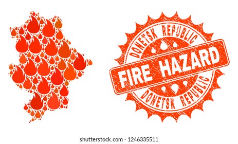 Fire hazard collage of map of Donetsk Republic burning and textured stamp. Map of Donetsk Republic vector collage created for fire insurance illustrations.