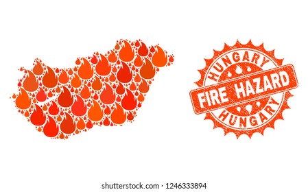Fire hazard collage of map of Hungary burning and unclean stamp seal. Map of Hungary vector collage designed for fire insurance purposes. Mosaic map of Hungary designed with bright flame items.