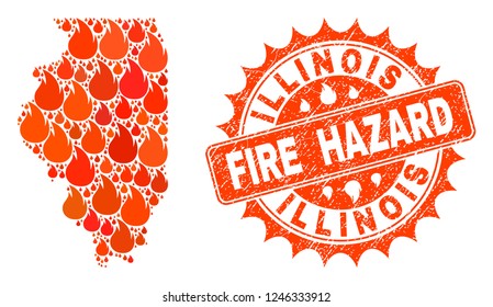 Fire hazard collage of map of Illinois State burning and rubber stamp seal. Map of Illinois State vector collage designed for fire insurance illustrations.