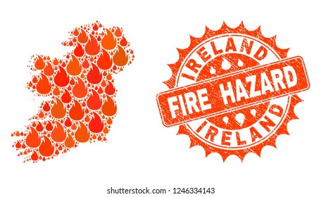 Fire hazard collage of map of Ireland Island burning and unclean seal. Map of Ireland Island vector collage designed for fire insurance posters.