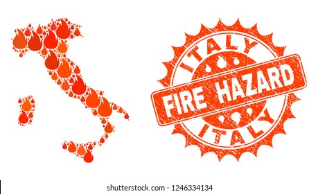 Fire hazard collage of map of Italy burning and unclean stamp. Map of Italy vector collage created for fire insurance templates. Mosaic map of Italy designed with colored flame items.