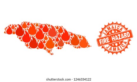 Fire hazard collage of map of Jamaica burning and dirty stamp seal. Map of Jamaica vector collage created for fire insurance templates. Mosaic map of Jamaica constructed with orange flame items.