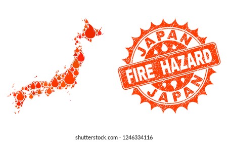 Fire hazard collage of map of Japan burning and rubber stamp seal. Map of Japan vector collage designed for fire insurance posters. Mosaic map of Japan designed with colorful flame items.