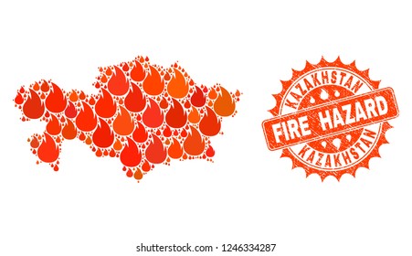 Fire hazard collage of map of Kazakhstan burning and scratched seal. Map of Kazakhstan vector collage created for fire insurance templates. Mosaic map of Kazakhstan designed with colored flame items.