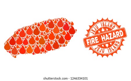 Fire hazard collage of map of Korean Jeju Island burning and corroded stamp. Map of Korean Jeju Island vector collage designed for fire insurance posters.