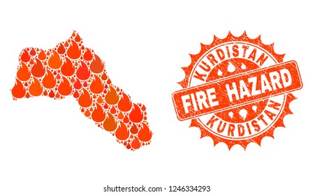 Fire hazard collage of map of Kurdistan burning and textured stamp seal. Map of Kurdistan vector collage designed for fire insurance purposes. Mosaic map of Kurdistan designed with orange flame items.