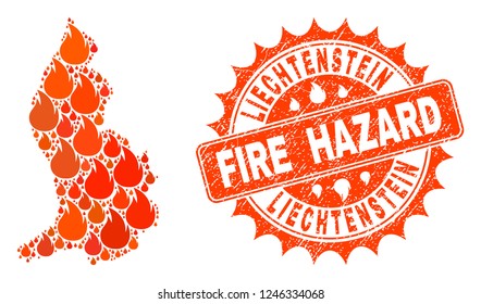 Fire hazard collage of map of Liechtenstein burning and rubber stamp. Map of Liechtenstein vector collage created for fire insurance templates.