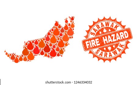 Fire hazard collage of map of Malaysian Sarawak burning and scratched stamp. Map of Malaysian Sarawak vector collage designed for fire insurance purposes.