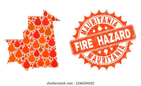 Fire hazard collage of map of Mauritania burning and dirty stamp. Map of Mauritania vector collage designed for fire insurance illustrations. Mosaic map of Mauritania designed with orange flame items.