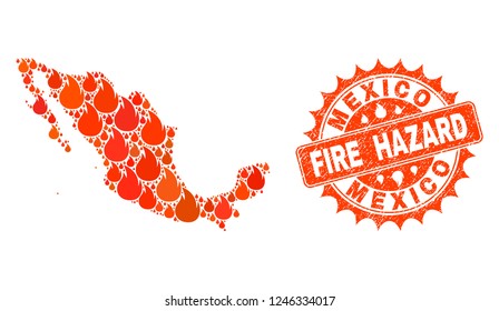 Fire hazard collage of map of Mexico burning and dirty stamp seal. Map of Mexico vector collage composed for fire insurance templates. Mosaic map of Mexico designed with bright flame items.